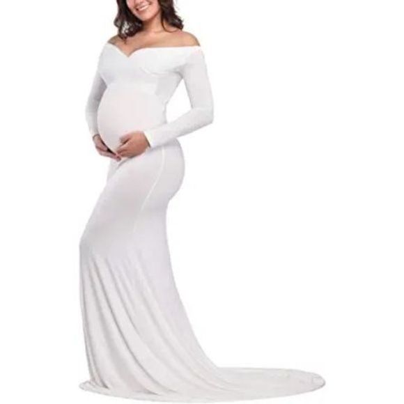 Maternity Elegant Fitted Maternity Gown Long Sleeve Cross-Front V Neck - Picture 1 of 9